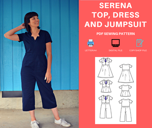 Serena Jumpsuit, Top and Dress PDF sewing pattern