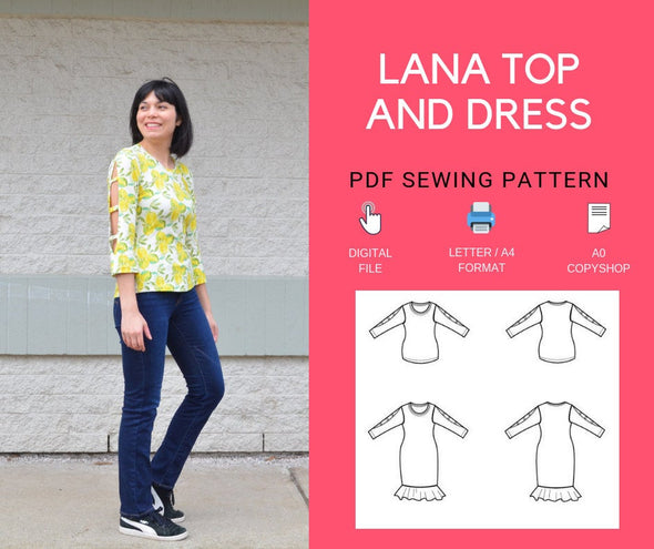 The Lana Top and Dress PDF sewing pattern and sewing tutorial.  Printable sewing pattern for women sizes 4 to 22, including plus size patter - DGpatterns