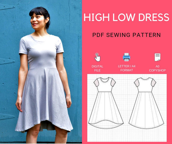 High Low Skater Dress PDF printable sewing pattern and Step by Step sewing tutorial in size 4 to 22 for women - DGpatterns