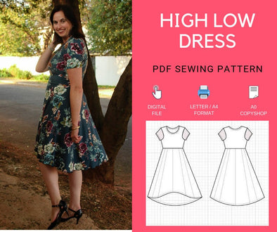 High Low Skater Dress PDF printable sewing pattern and Step by Step sewing tutorial - DGpatterns